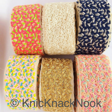 Beige Sheer Tissue Fabric Trim With Cotton Thread Embroidery In Pink, Yellow And Blue, Fabric Lace